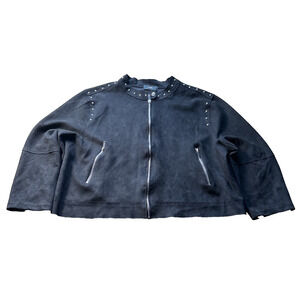 Rain Women Large Y2K Black Faux Suede Studded Zip Light Boxy Cropped Jacket Coat